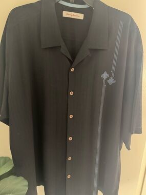 Tommy Bahama Black Short-Sleeve Silk Camp Shirt with Light Blue Embroidery